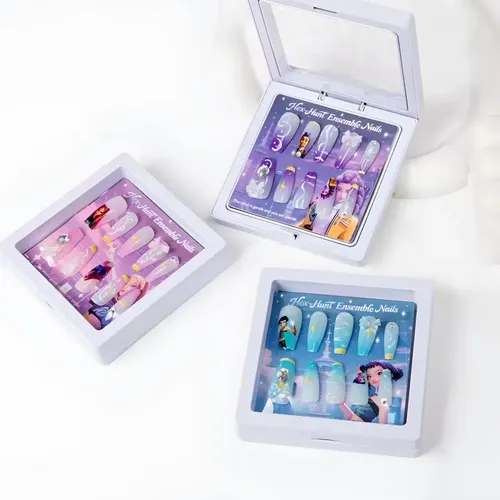 3 Boxes Of Kpop Nail Patch Girls Wear Nail Patches [one Box Each Of Purple + Pink + Blue]