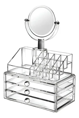 Organizador Acrilico Make Up Con Cajones + Espejo, Grande Transparente