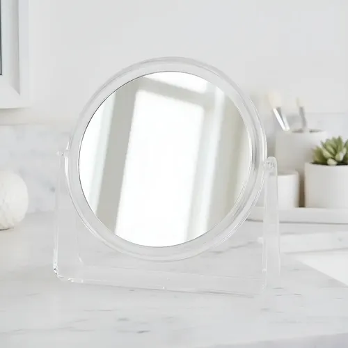 Espejo Doble 19cm Aumento X 2 Acrílico Con Pie Rotación 360* Transparente