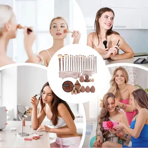 Set Pinceles Y Esponjas Para Maquillaje Completo Marrón