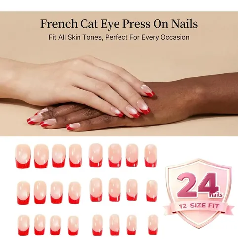 Uñas Postizas Press On Nails Cat Eye Rojo 24pcs Taoyisent