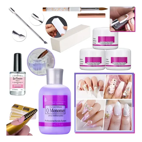 Kit Completo Uñas Acrilicas Polimero Monómero Moldes Pincel