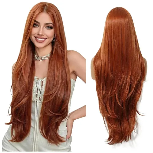 Peluca Larga Mujer Naranja Cobrizo Cosplay Anime Natural