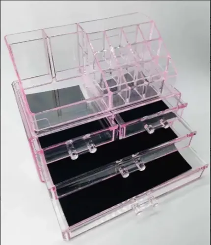 Organizador Maquillaje Acrílico Rosa 4 Cajones: 2 chicos + 2 Grandes , parte superior con 16 Divisiones