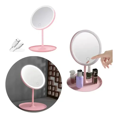 Espejo De Maquillaje 3 Modos Luces Led Con Base Carga Usb Marco Blanco