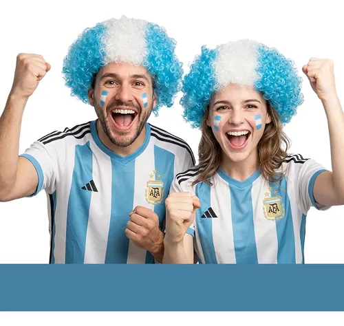 Peluca Argentina Rulo Celeste Y Blanco Cotillón Sergio Once