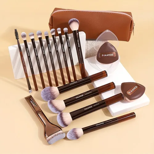 14 Pinceles De Maquillaje, 2 Esponjas De Maquillaje Con Almo Marrón