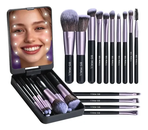 Set 14 Brochas Maquillaje C/estuche Espejo Led Profesional Color Negro