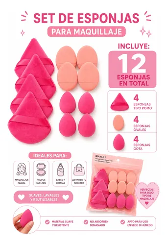 Set De Esponjas De Maquillaje X12 Pomo Gota Y Ovaladas