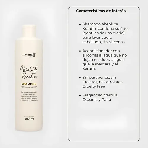 Tratamiento Shampoo Hidra Hidrolized con Keratina Hidrolizada, elimina el Frizz para Cabellos Secos ó Hidratación de Rulos, Sin Siliconas ni Parabenos, Producto Profesional, x 500Mls LineUp