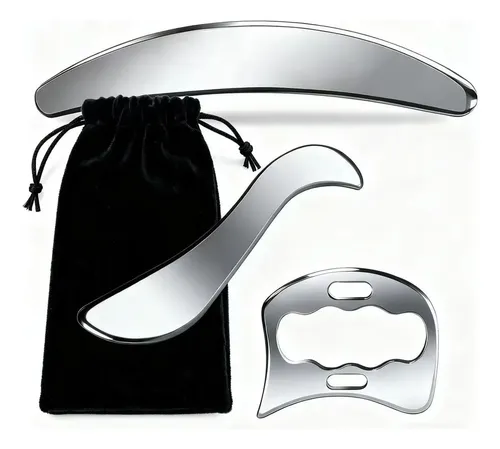Set Gua Sha 3 En 1 Acero Inoxidable Masajeador Plateado