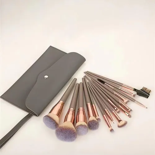 Set 15 Brochas De Maquillaje Con Estuche Gris