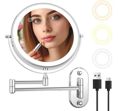 Espejo De Maquillaje De Pared Recargable Con Tricolor Luz
