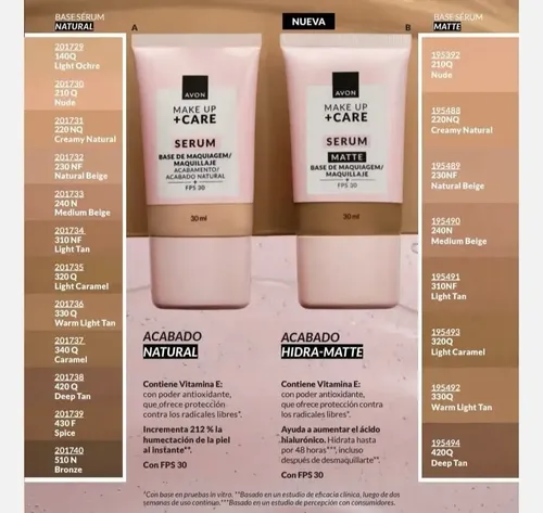 Base Serum Avon Fps 30 Matte Tono 140q Light Ochre X 30ml.
