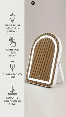 Espejo Maquillaje Led Mtl Luz Touch Ajustable Mesa Base Soporte Iluminacion Uniforme Portatil Diseño Moderno Tocador Belleza Hogar Espejo Luz Calida Blanca