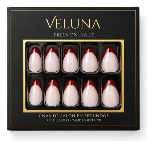VELUNA Uñas Press On Francesitas Varios Diseños Reutilizables – Rojo Perlado