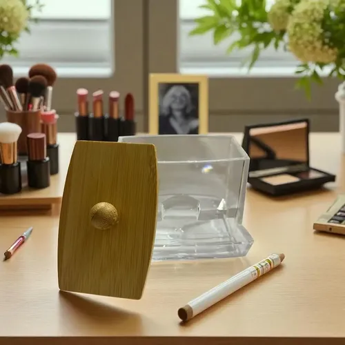 Organizador Cosméticos Maquillaje Acrílico Tapa Bambú 7x8cm