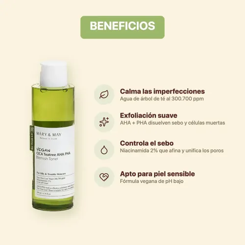 Tónico Facial Mary & May Cica Tea Tree AHA PHA Para Piel Grasa y Sensible 200 mL