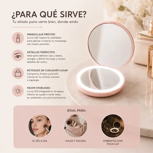 Espejo De Maquillaje Compacto Usb Con Luz Aumento X2