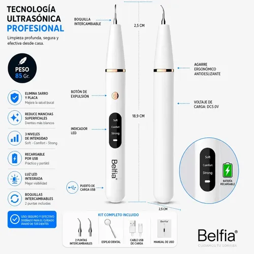Removedor De Sarro Ultrasónico Belfia Limpieza Dental Profesional Kit Completo Recargable USB Con 2 Puntas 2 espejos Luz LED