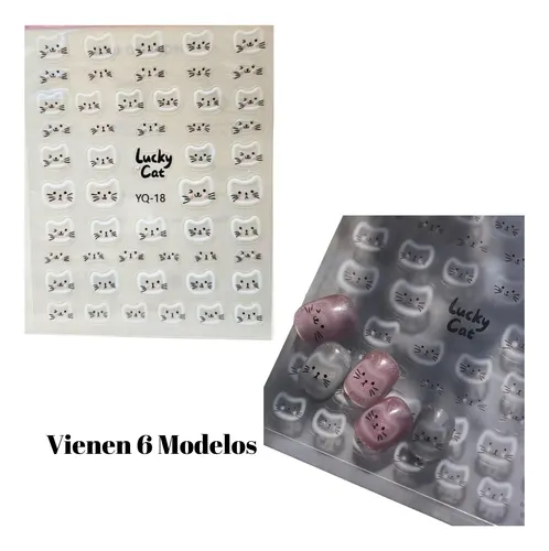 Stickers Uñas Gatito Pack X6 Planchas Nail Art Cute Japonés