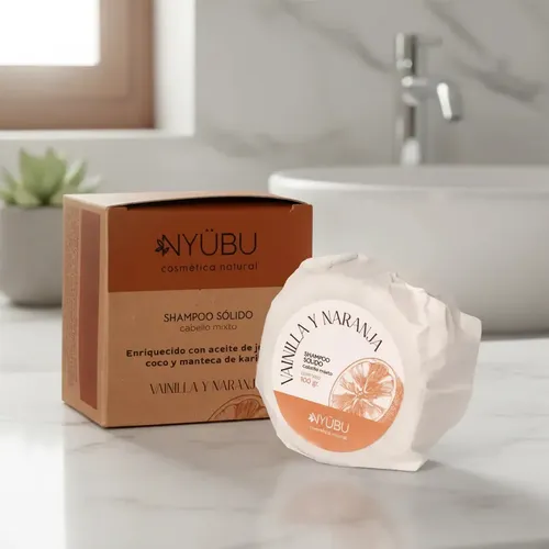 Shampoo Sólido Nyübu – Cabello Mixto: Vainilla + Naranja – 100 gr