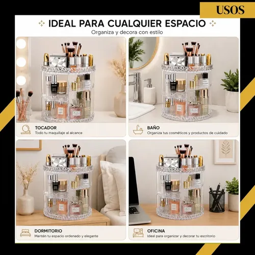 Organizador Giratorio Maquillaje Acrílico Transparente 360° Perfumes Cremas Labiales Brochas Multiuso Gran Capacidad Para Baño Dormitorio Tocador Koabit