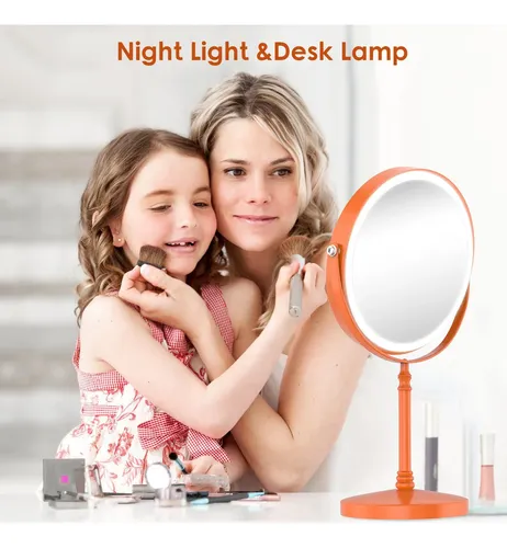 Espejo De Maquillaje Con Luz Led 1x 10x Recargable Naranja