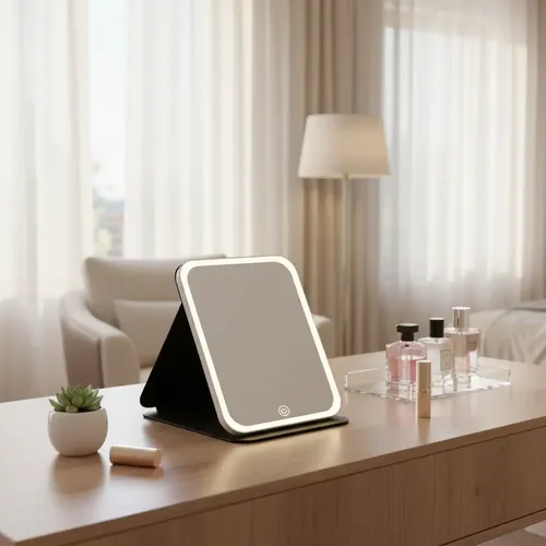 Espejo Con Luz Led Touch Suono Negro Soporte Plegable Blanco