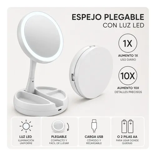 Espejo Doble Cara Luz Led Maquillaje Articulado Aumento Base
