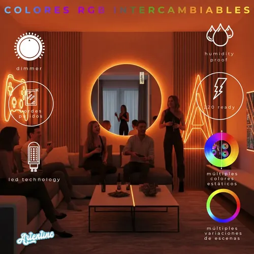 Espejo Led Pared Decorativo Redondo Luz Cálida Fria Rgb 60cm