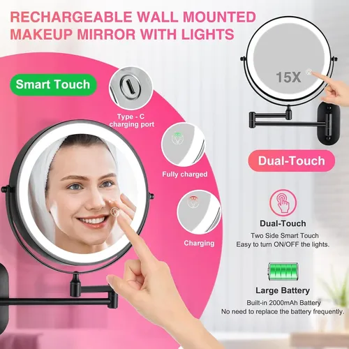 Espejo De Aumento Con Luces 1x/15x Recargable: 8,5 Pulgadas