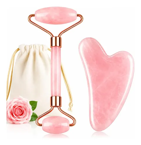 Set Rodillo Facial Y Gua Sha Cuarzo Rosa Masajeador