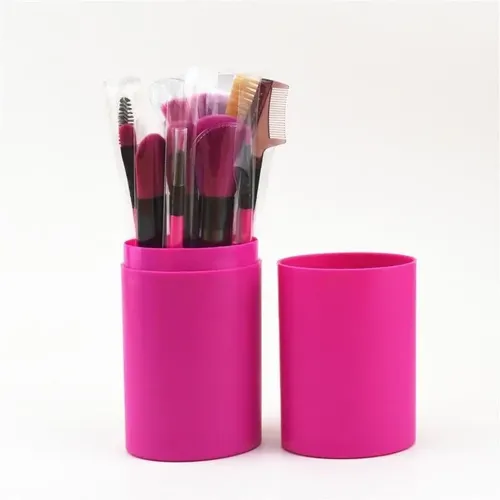 Set 12 Brochas Maquillaje Con Estuche Tubo Color Fucsia
