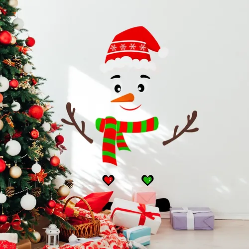 Sticker Navideño Muñeco De Nieve Gorra Santa Vidrio