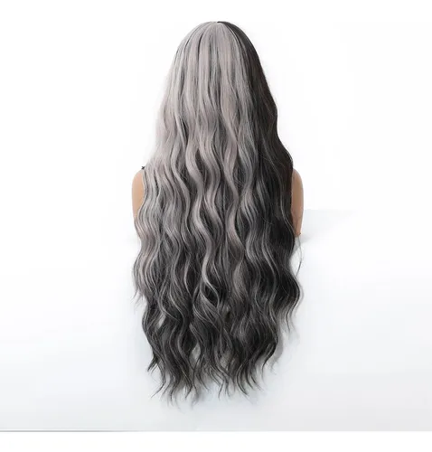 Peluca Halloween Mujer Ondulada Negrogris Con Flequillo Black And Gray