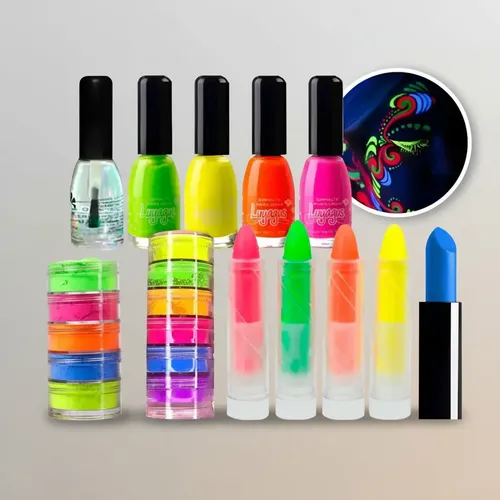 Kit Maquillaje Fluo Neon Artístico Pigmentos Labial Esmaltes
