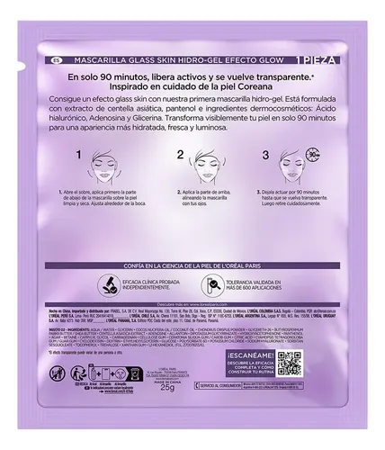 L’Oréal Paris Revitalift Glass Skin Mascarilla Hidrogel 1 pza EFECTO GLOW EN 90 MIN, Hidratación Profunda con Centella Asiática y Ácido Hialurónico. Para todo tipo de piel/ piel mixta a grasa