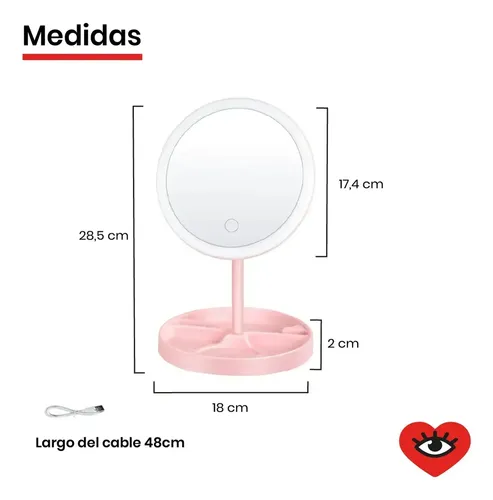 Espejo Pie Maquillaje Portatil Tactil Led Usb 90° Veoquiero Huella Rosa