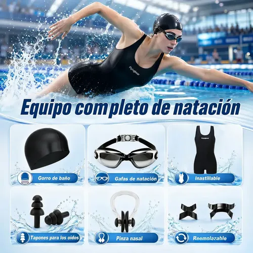 Traje De Baño Deportivo Mujer Natación Lycra Gorra Y Goggles