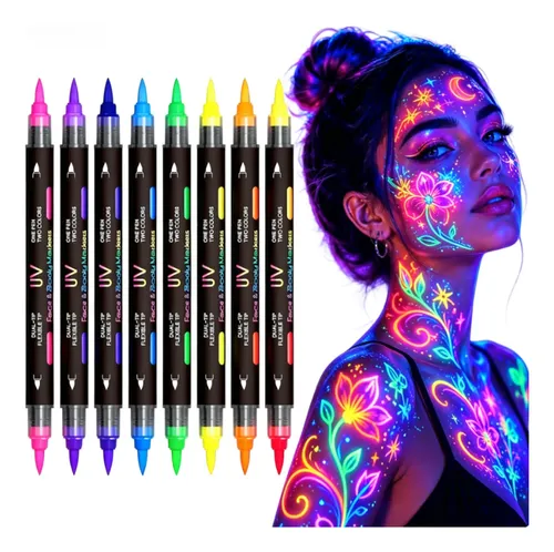 Pinturas Neon Marcadores Uv Fluorescentes Maquillaje 8 Pzs