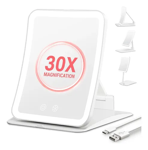 Espejo De Maquillaje Auxmir 30x Con Luz Led Plegable Blanco