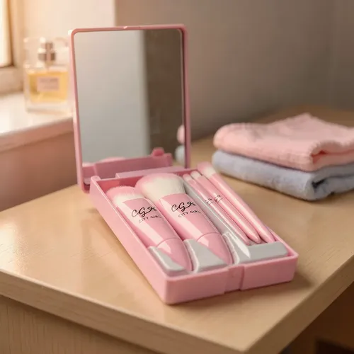 Set 5 Mini Brochas Maquillaje Con Estuche Y Espejo Portatil