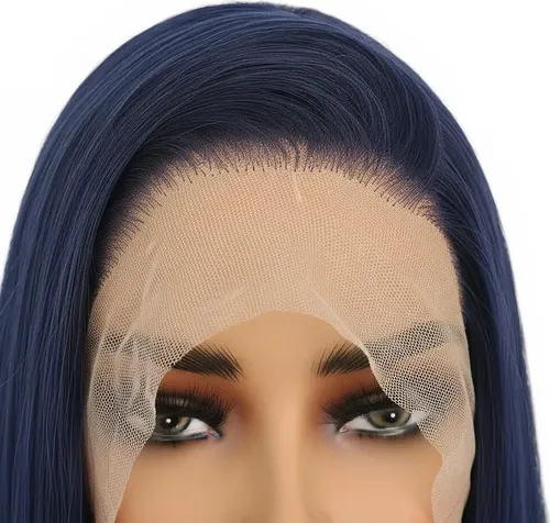 Peluca Lace Front Adiolacba Premium Símil Natural 70 Cm Tamaño De La Base Regulable Tono Azul Oscuro
