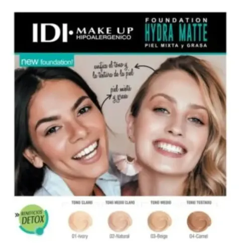 Base Líquida IDI Make Up HD Ultra Matte Tono 04 Camel Mate Hidratante