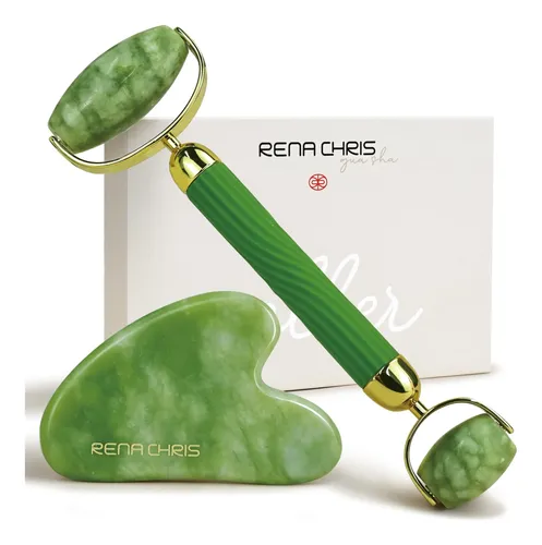 Set Rodillo Facial Y Gua Sha Rena Chris Jade Verde
