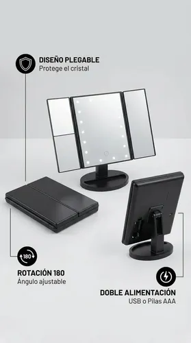 Espejo Mtl Tríptico Con Luz Led Iluminación Portátil Base Reforzada Ideal Maquillaje Profesional Rutinas Belleza Cuidado Facial Tocador Dormitorio Baño Negro Diseño Moderno Elegante Compacto Práctico