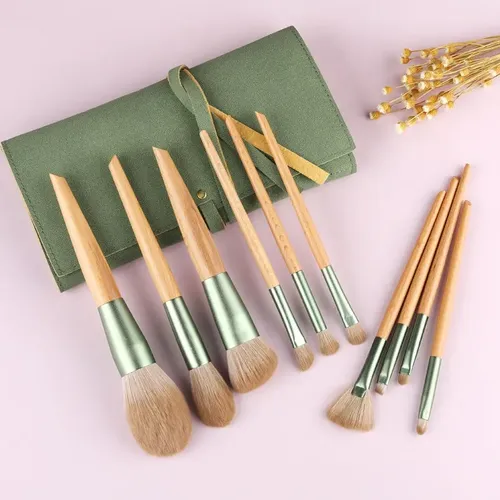 Set De 10 Brochas De Maquillaje Verdes Con Estuche Rd