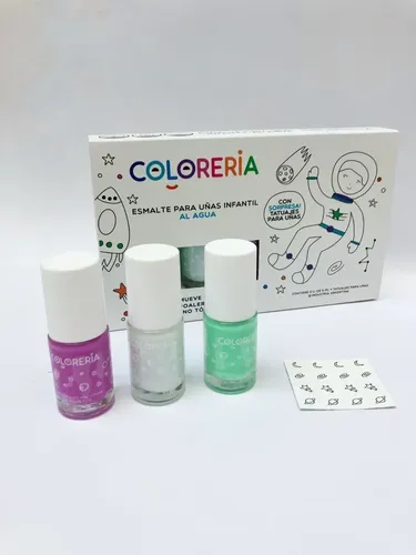 Set De Esmaltes X3 + Tatuajes Lavables Infantil Color Verde Agua, Lila Y Brillo Glitter