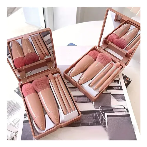 P/j Set Brochas Maquillaje Rosa 5 Piezas Mini Con Estuche